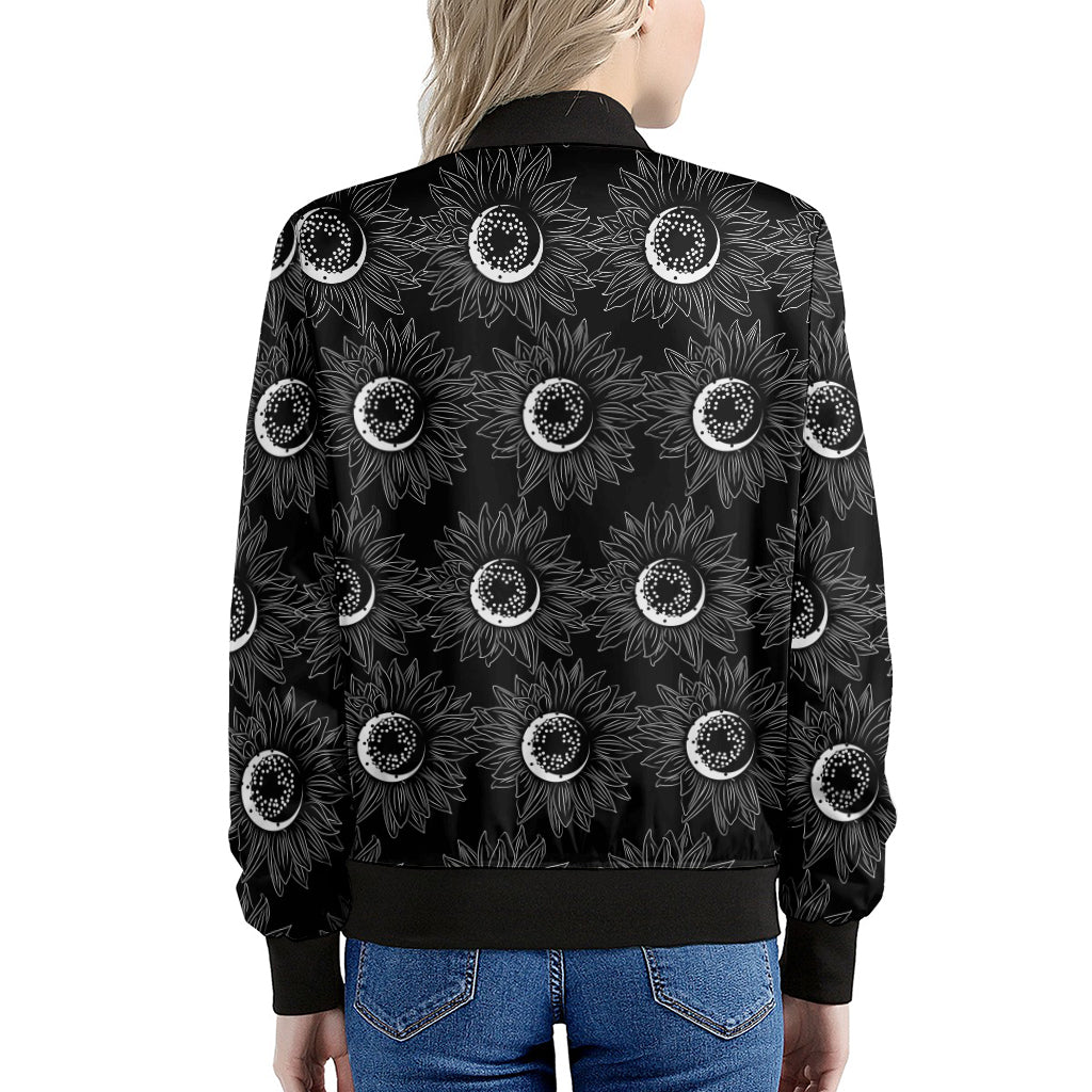 White And Black Sunflower Pattern Print Women's Bomber Jacket