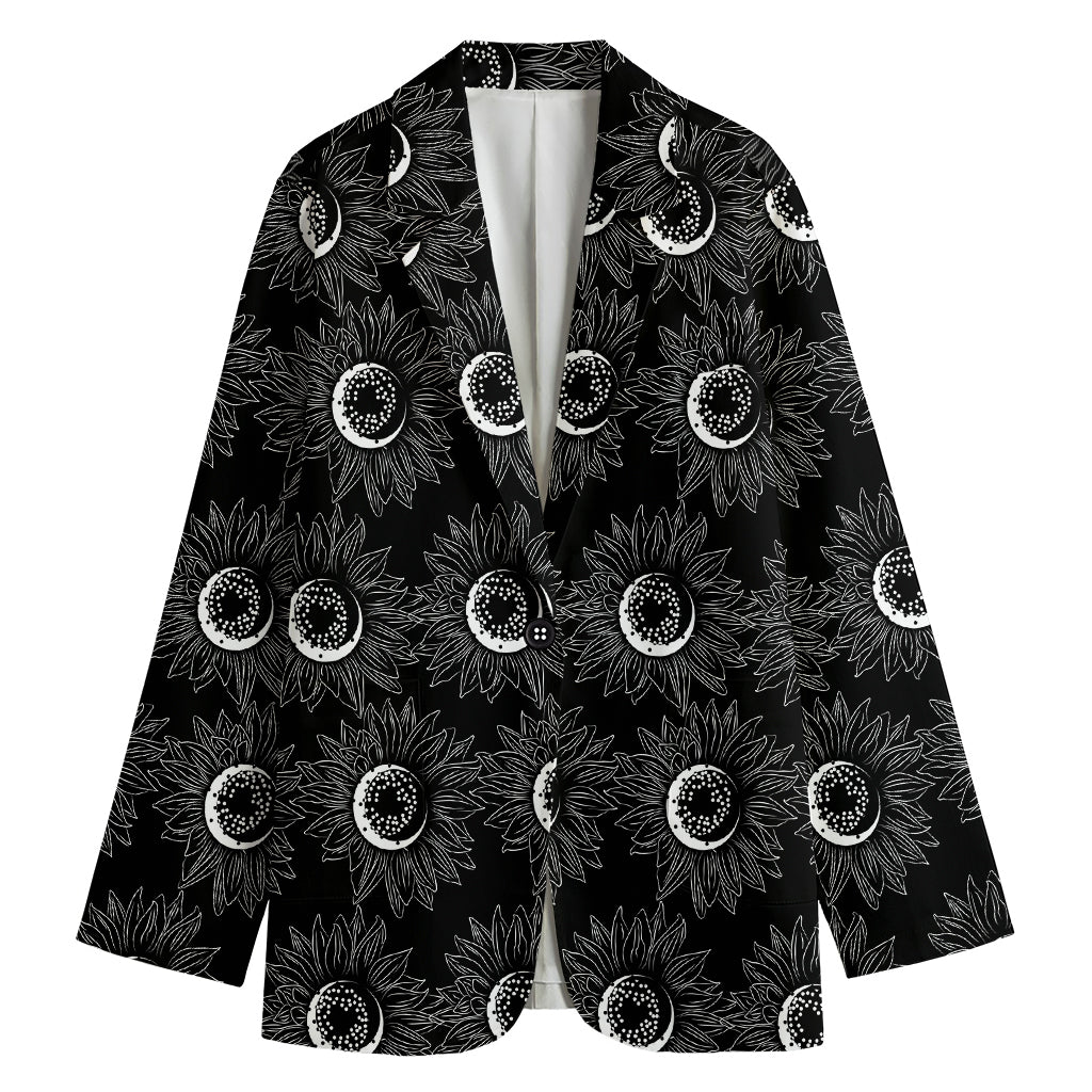 White And Black Sunflower Pattern Print Women's Cotton Blazer