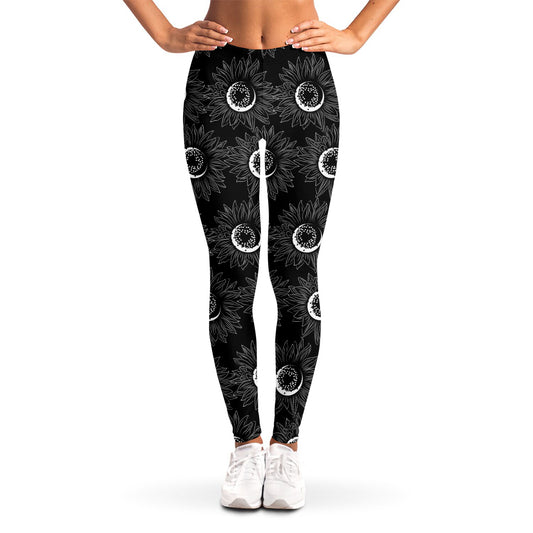 White And Black Sunflower Pattern Print Women's Leggings