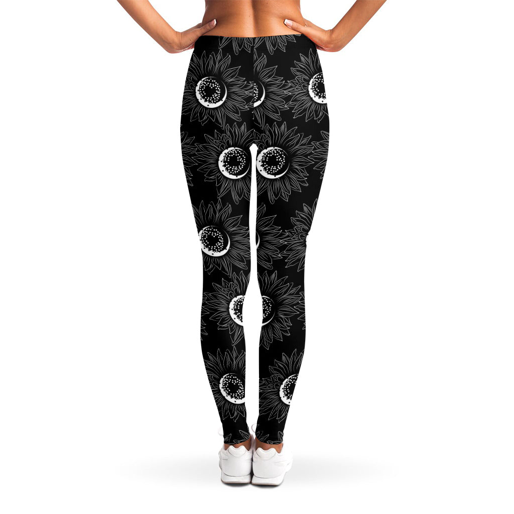 White And Black Sunflower Pattern Print Women's Leggings