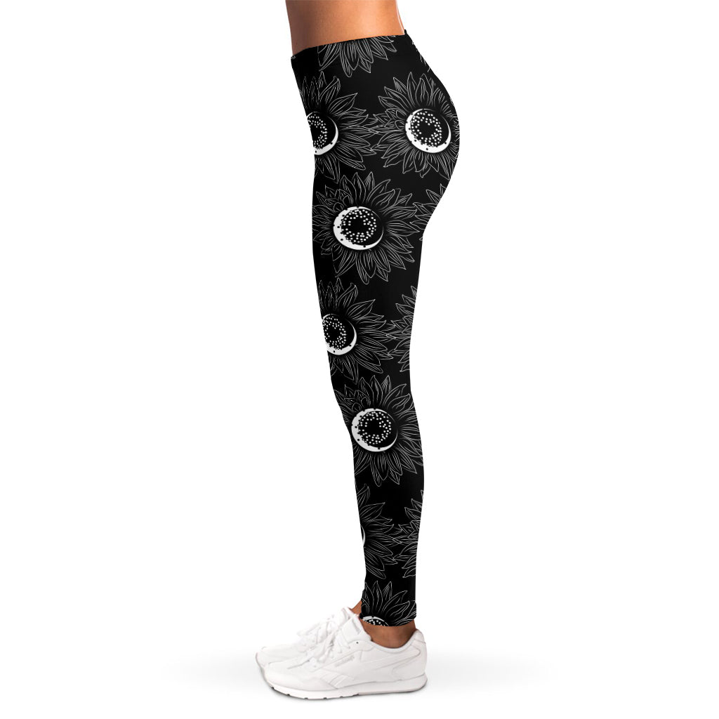 White And Black Sunflower Pattern Print Women's Leggings