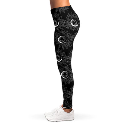 White And Black Sunflower Pattern Print Women's Leggings