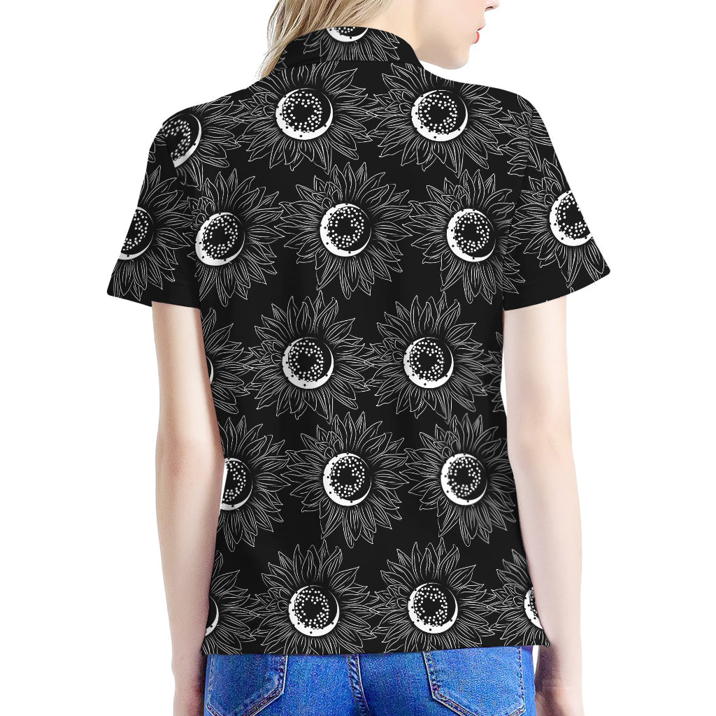 White And Black Sunflower Pattern Print Women's Polo Shirt