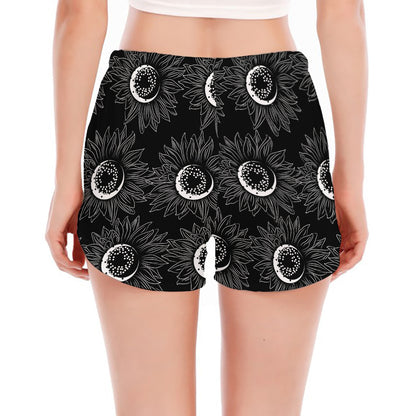 White And Black Sunflower Pattern Print Women's Split Running Shorts
