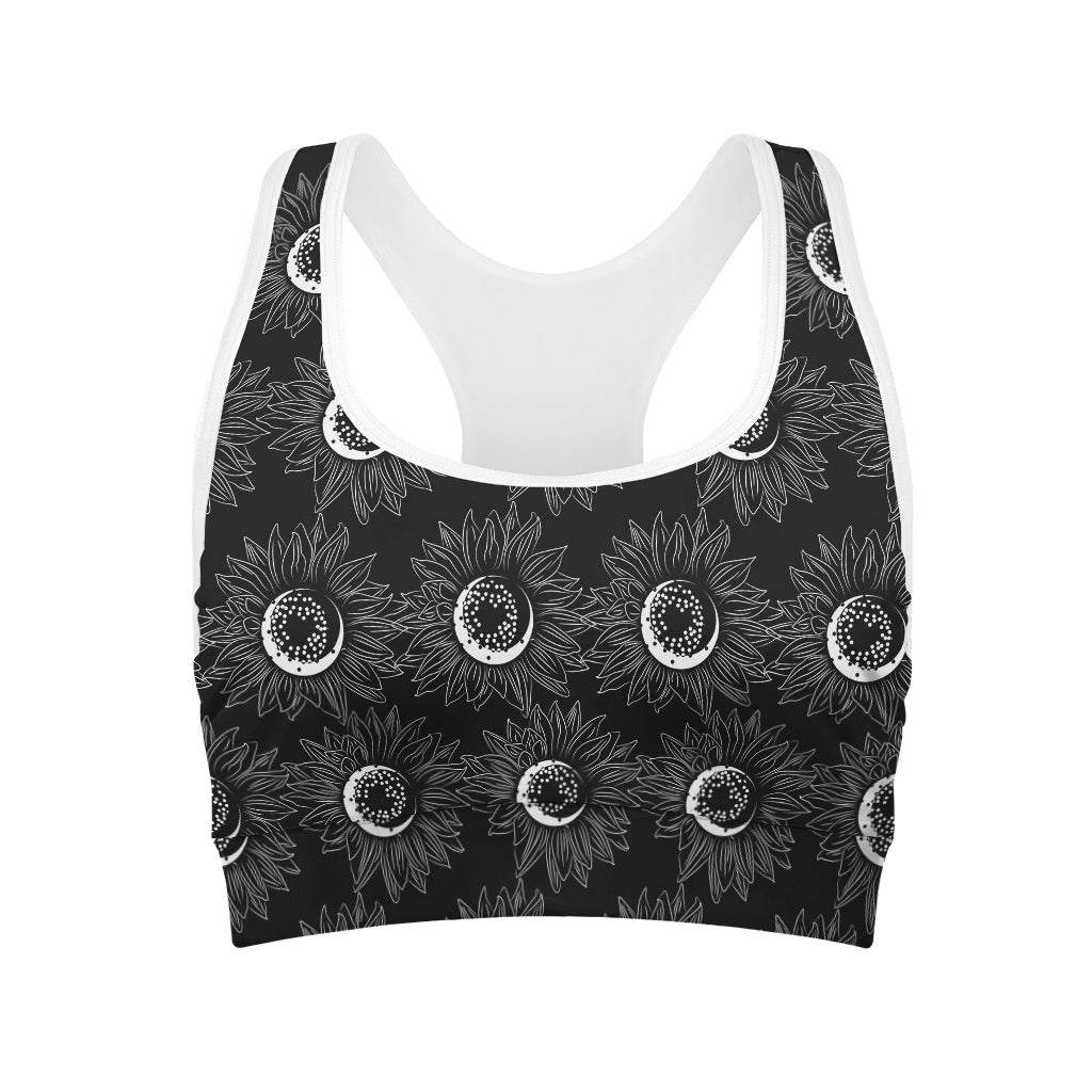 White And Black Sunflower Pattern Print Women's Sports Bra
