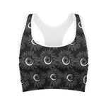 White And Black Sunflower Pattern Print Women's Sports Bra