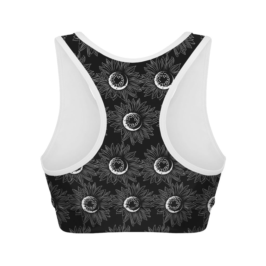White And Black Sunflower Pattern Print Women's Sports Bra