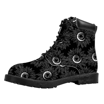 White And Black Sunflower Pattern Print Work Boots