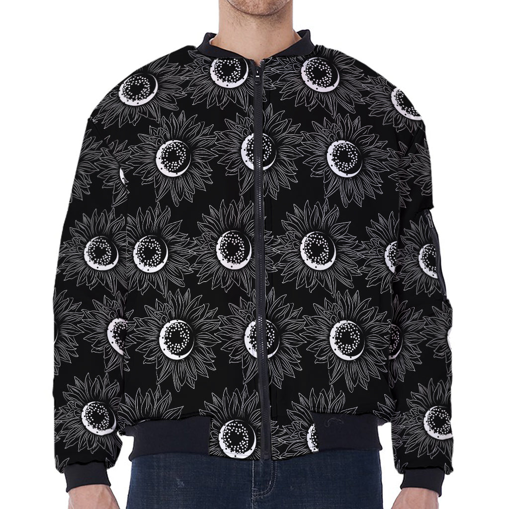 White And Black Sunflower Pattern Print Zip Sleeve Bomber Jacket