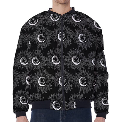 White And Black Sunflower Pattern Print Zip Sleeve Bomber Jacket
