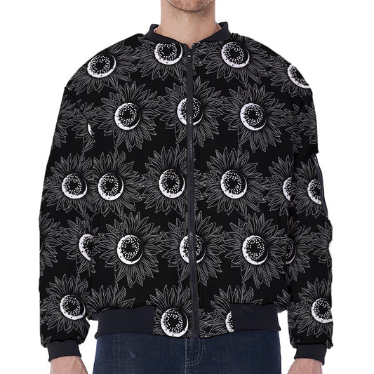 White And Black Sunflower Pattern Print Zip Sleeve Bomber Jacket