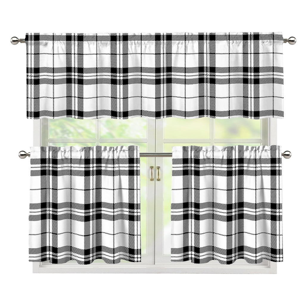 White And Black Tartan Pattern Print 3 Piece Kitchen Curtains