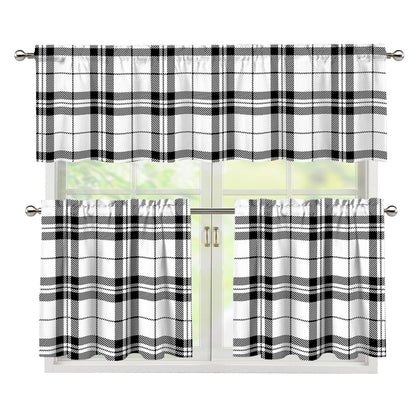 White And Black Tartan Pattern Print 3 Piece Kitchen Curtains