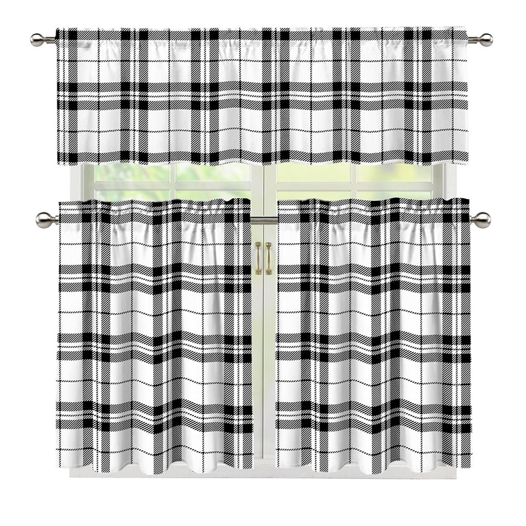 White And Black Tartan Pattern Print 3 Piece Kitchen Curtains