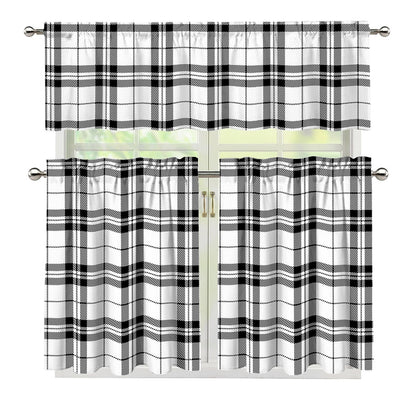 White And Black Tartan Pattern Print 3 Piece Kitchen Curtains