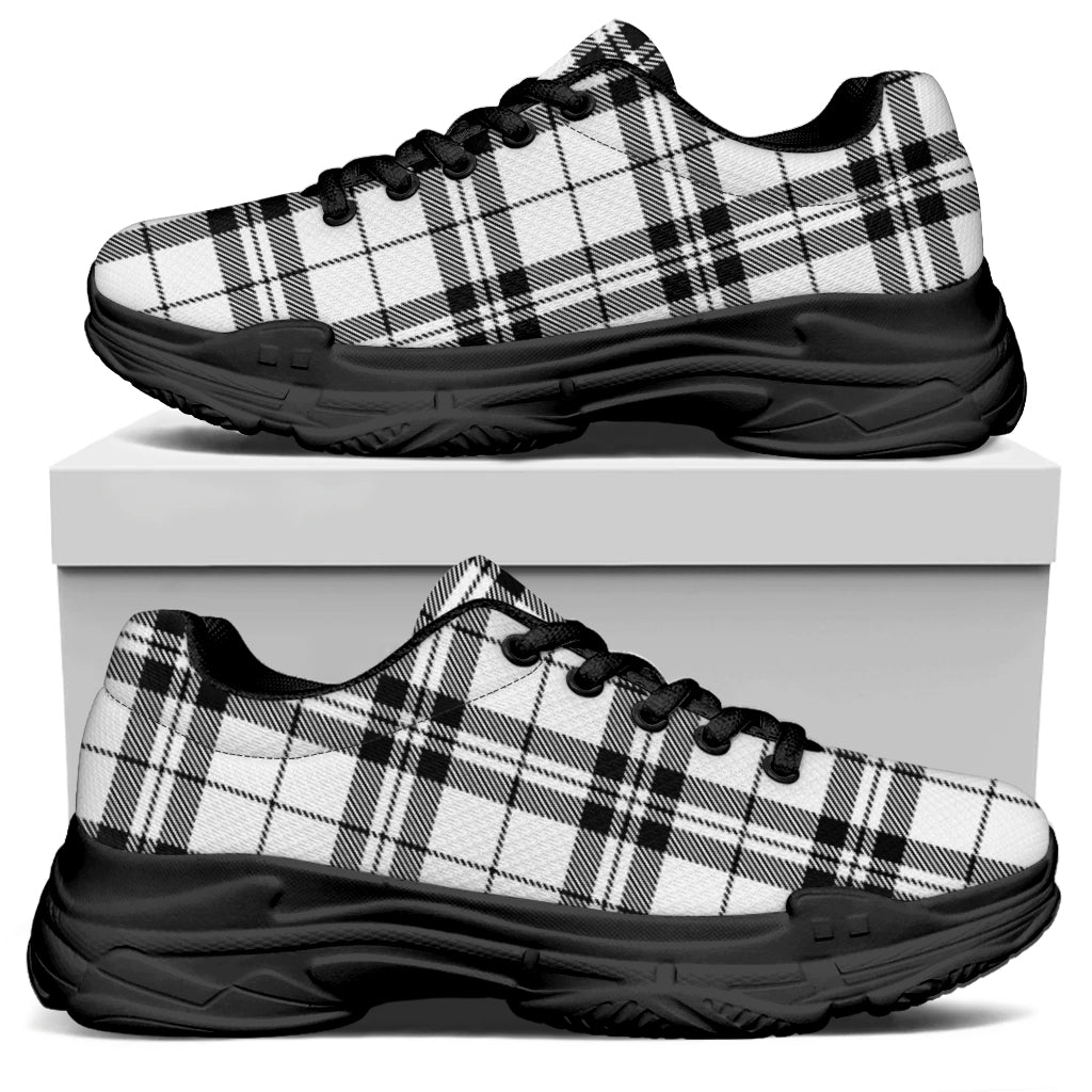 White And Black Tartan Pattern Print Black Chunky Shoes