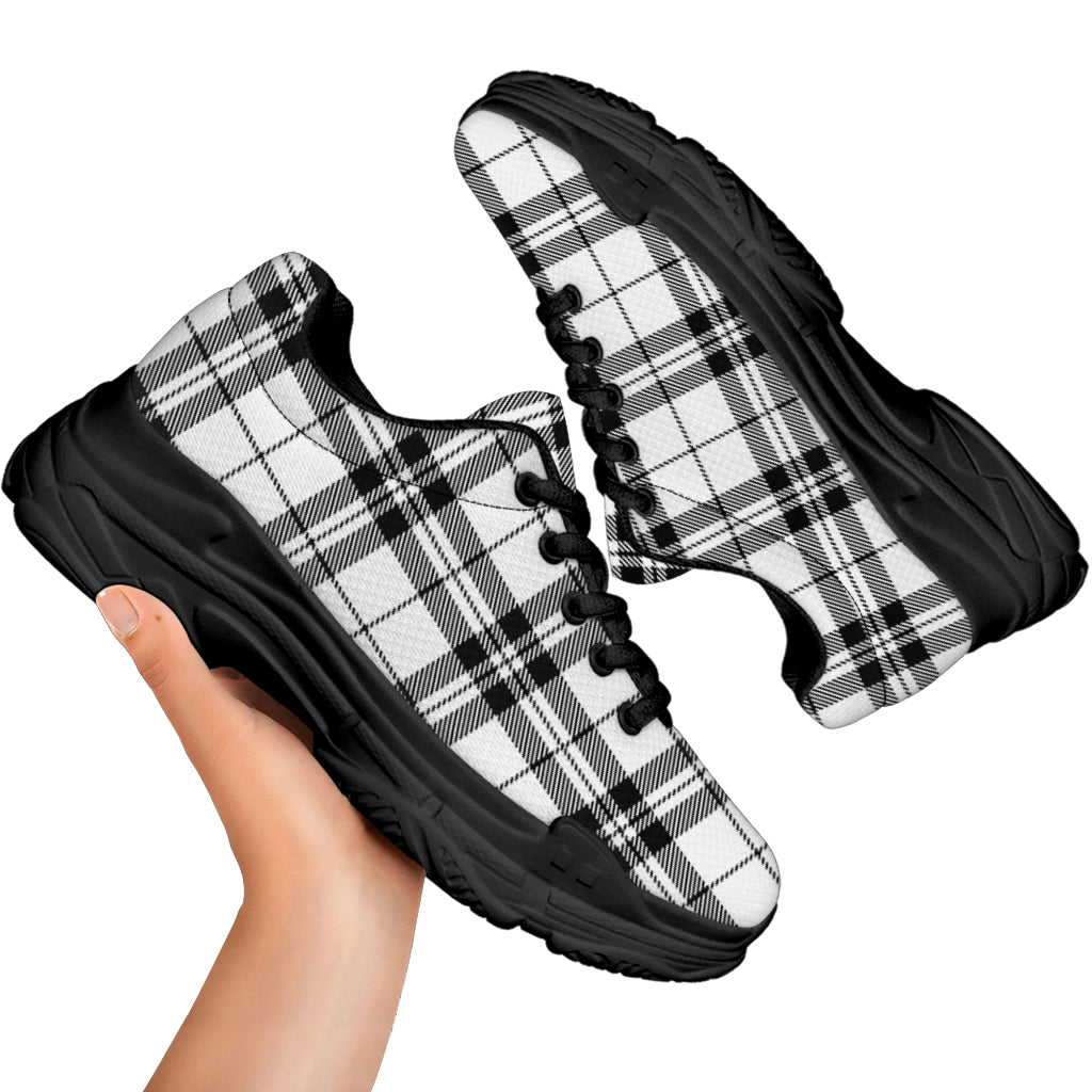 White And Black Tartan Pattern Print Black Chunky Shoes