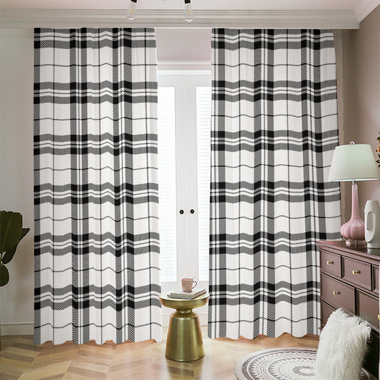 White And Black Tartan Pattern Print Blackout Pencil Pleat Curtains