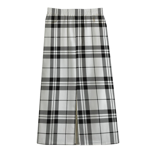 White And Black Tartan Pattern Print Cotton Front Slit Maxi Skirt