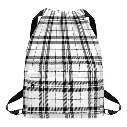 White And Black Tartan Pattern Print Drawstring Backpack