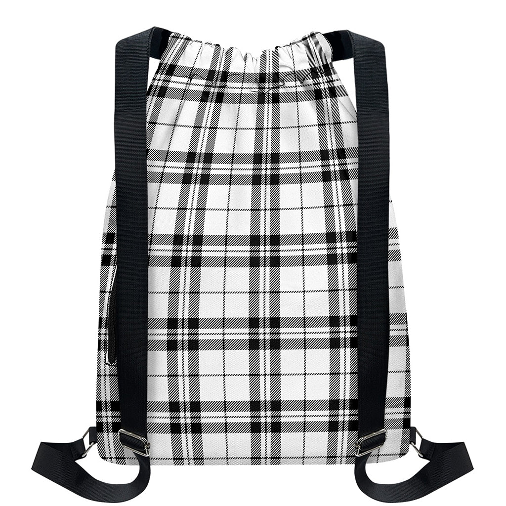 White And Black Tartan Pattern Print Drawstring Backpack