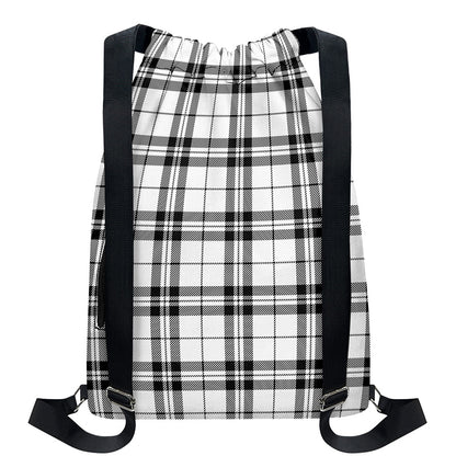 White And Black Tartan Pattern Print Drawstring Backpack