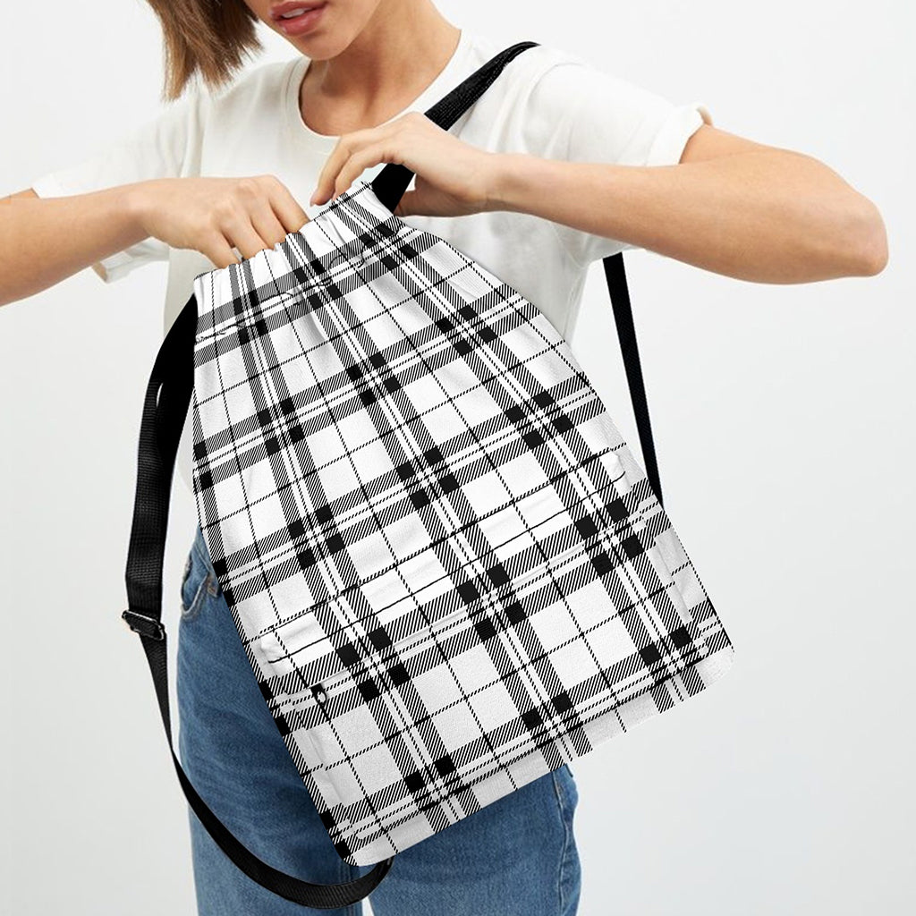 White And Black Tartan Pattern Print Drawstring Backpack