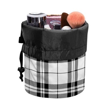 White And Black Tartan Pattern Print Drawstring Makeup Bag