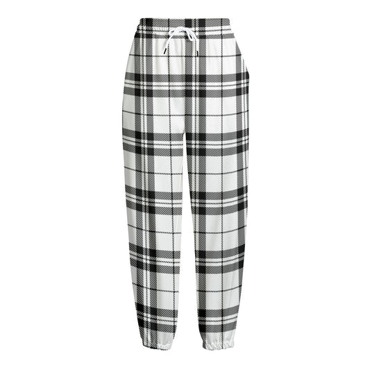 White And Black Tartan Pattern Print Fleece Lined Knit Pants