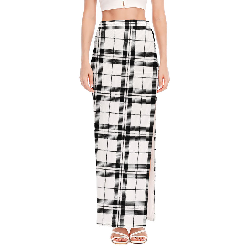 White And Black Tartan Pattern Print High Slit Maxi Skirt