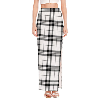 White And Black Tartan Pattern Print High Slit Maxi Skirt