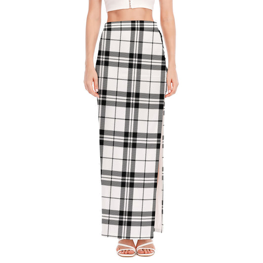 White And Black Tartan Pattern Print High Slit Maxi Skirt
