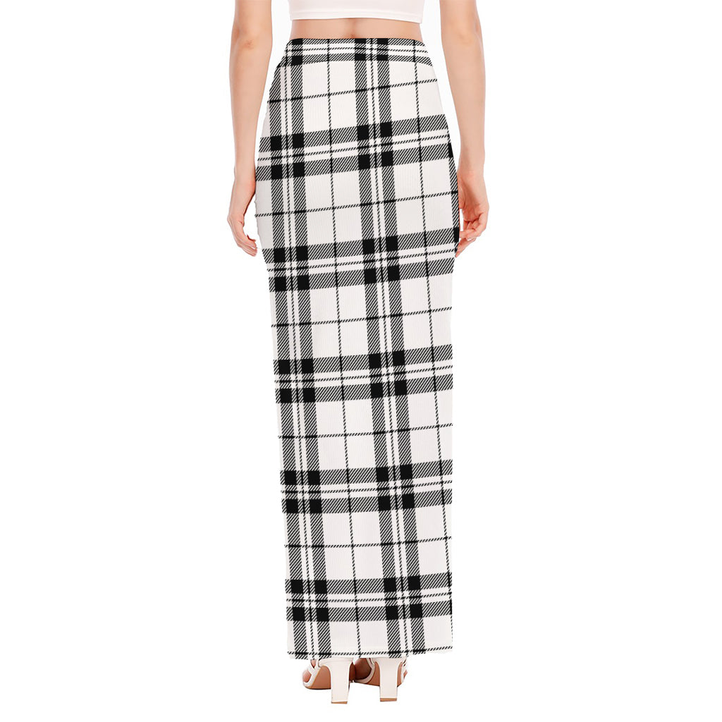 White And Black Tartan Pattern Print High Slit Maxi Skirt