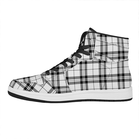 White And Black Tartan Pattern Print High Top Leather Sneakers