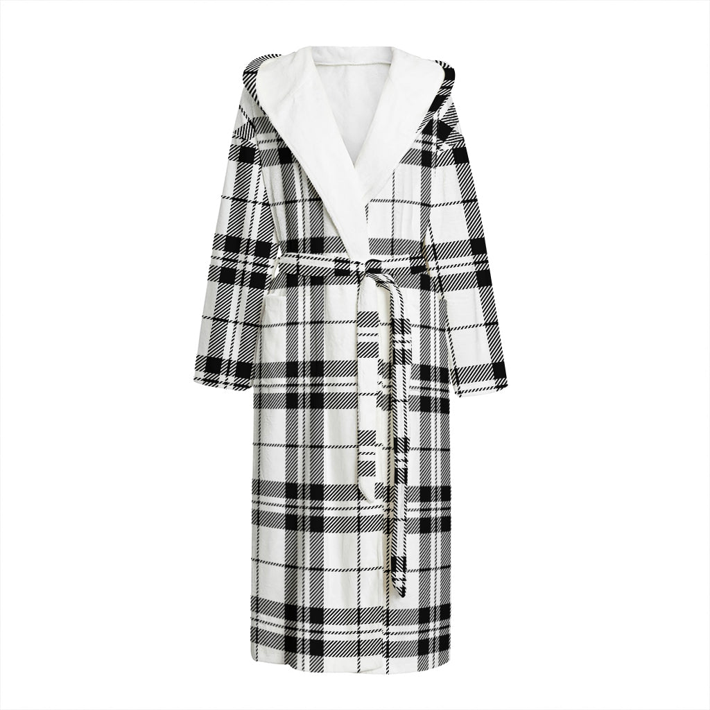 White And Black Tartan Pattern Print Hooded Bathrobe