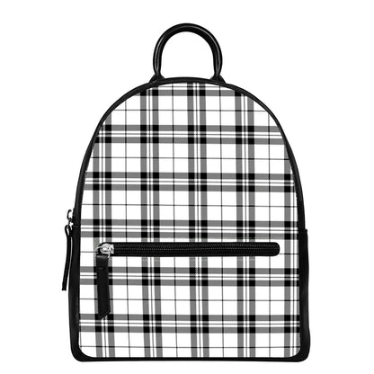 White And Black Tartan Pattern Print Leather Backpack