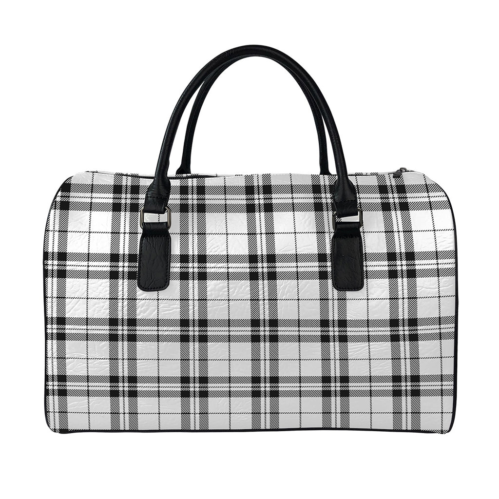 White And Black Tartan Pattern Print Leather Duffle Bag