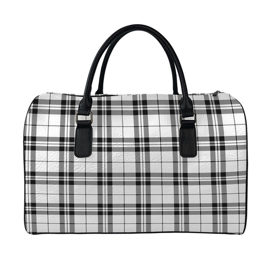White And Black Tartan Pattern Print Leather Duffle Bag