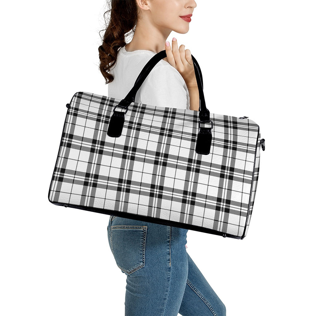 White And Black Tartan Pattern Print Leather Duffle Bag