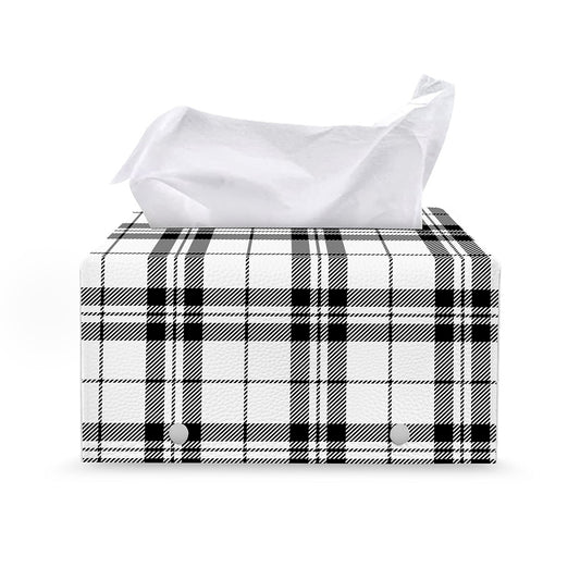 White And Black Tartan Pattern Print Leather Tissue Box Cover