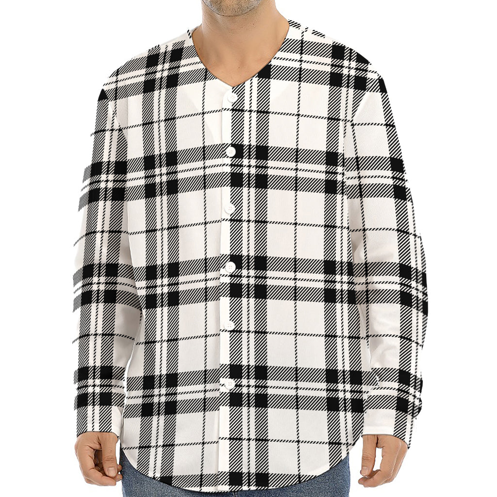 White And Black Tartan Pattern Print Long Sleeve Baseball Jersey