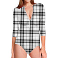 White And Black Tartan Pattern Print Long Sleeve Swimsuit