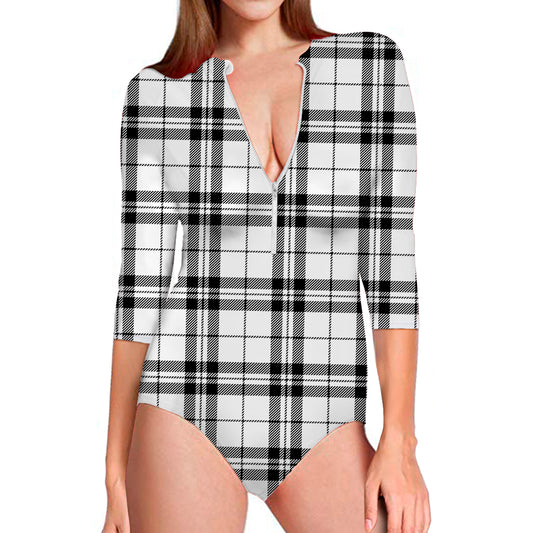 White And Black Tartan Pattern Print Long Sleeve Swimsuit