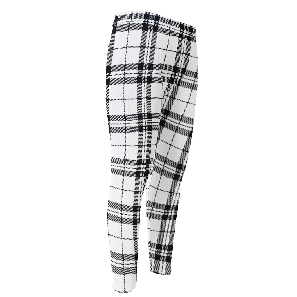White And Black Tartan Pattern Print Men's Compression Pants