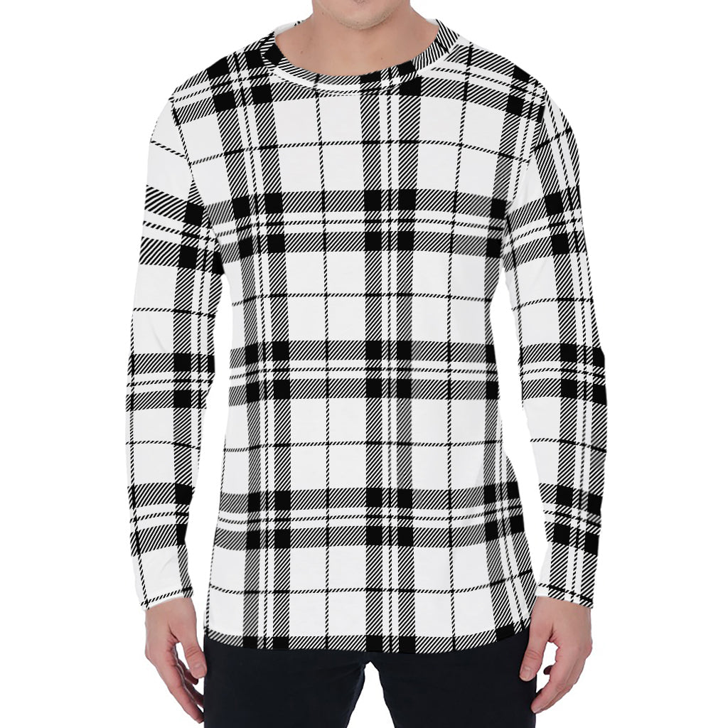 White And Black Tartan Pattern Print Men's Long Sleeve T-Shirt