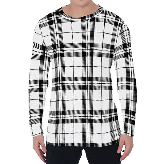 White And Black Tartan Pattern Print Men's Long Sleeve T-Shirt