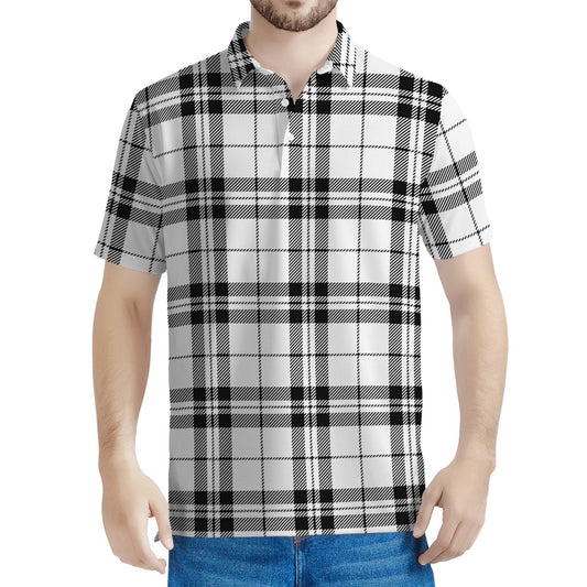 White And Black Tartan Pattern Print Men's Polo Shirt