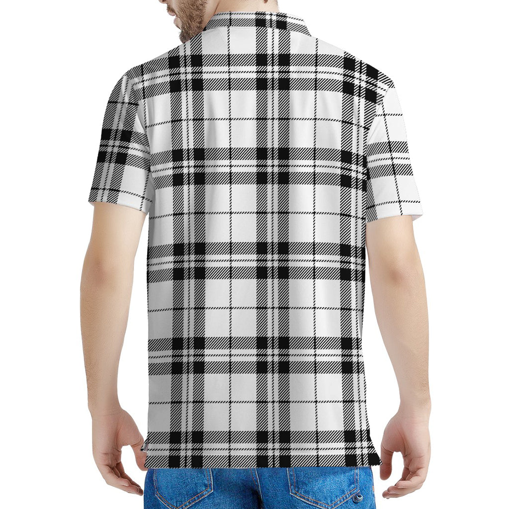 White And Black Tartan Pattern Print Men's Polo Shirt