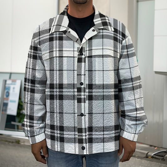 White And Black Tartan Pattern Print Men's Shirt Jacket