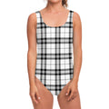 White And Black Tartan Pattern Print One Piece Swimsuit